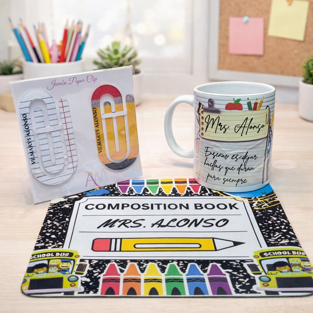 Combo para Maestras – Mouse Pad, Taza y Jumbo Paper Clips Personalizados